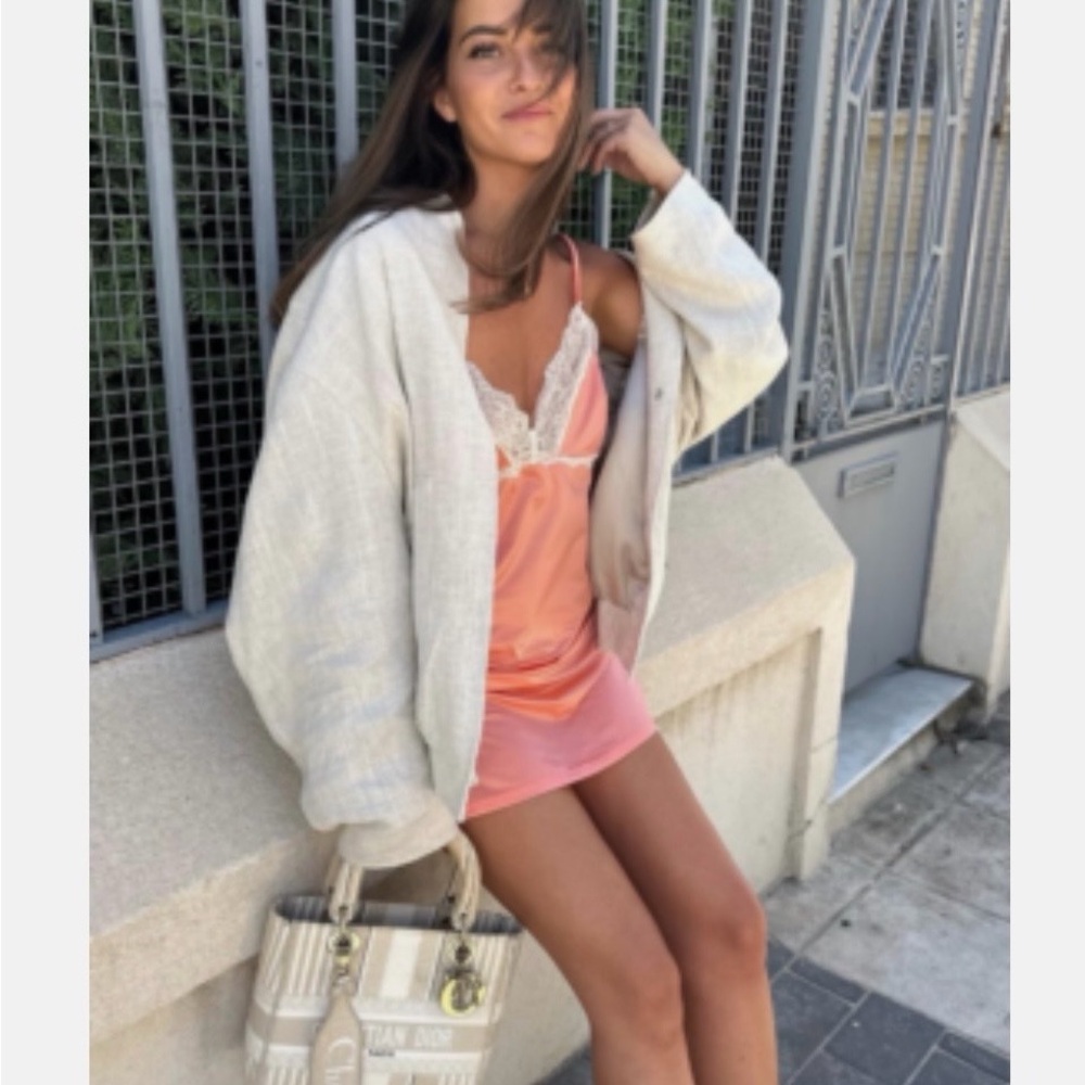 ZARA Linen Blend Bomber Jacket w/ Pockets Light Beige S/M Oversized Bloggers Fav - Picture 12 of 14